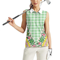 Hawaii Pikake Lokelani Plumeria Lei Women Sleeveless Polo Shirt Green Palaka Motifs LT05 - Polynesian Pride