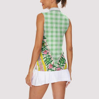 Hawaii Pikake Lokelani Plumeria Lei Women Sleeveless Polo Shirt Green Palaka Motifs LT05 - Polynesian Pride