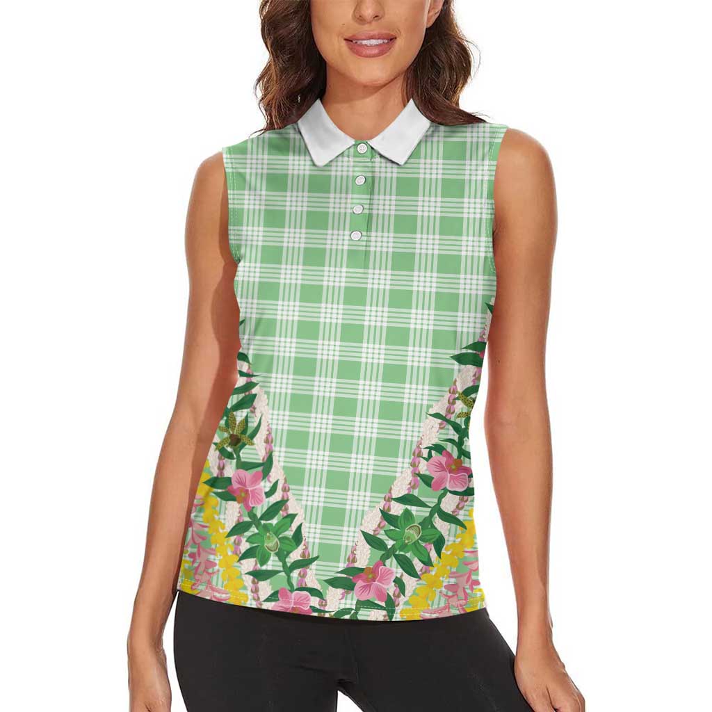 Hawaii Pikake Lokelani Plumeria Lei Women Sleeveless Polo Shirt Green Palaka Motifs LT05 - Polynesian Pride