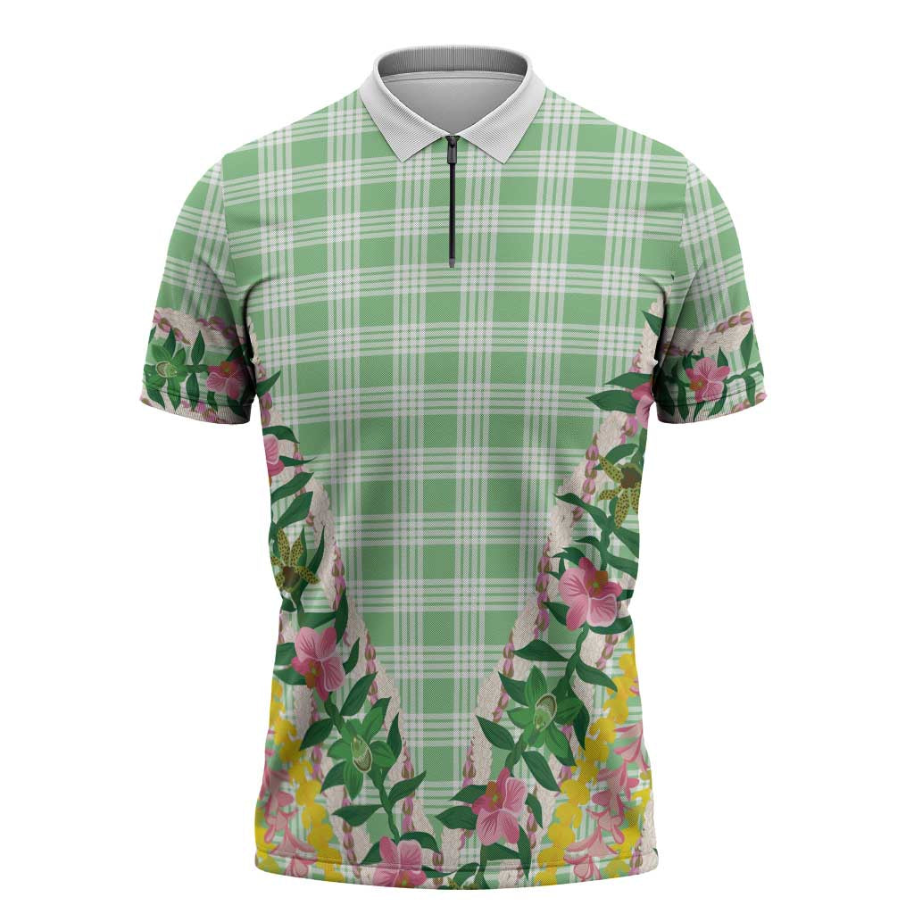 Hawaii Pikake Lokelani Plumeria Lei Zipper Polo Shirt Green Palaka Motifs LT05 Green - Polynesian Pride