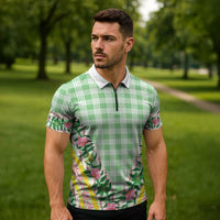 Hawaii Pikake Lokelani Plumeria Lei Zipper Polo Shirt Green Palaka Motifs LT05 - Polynesian Pride