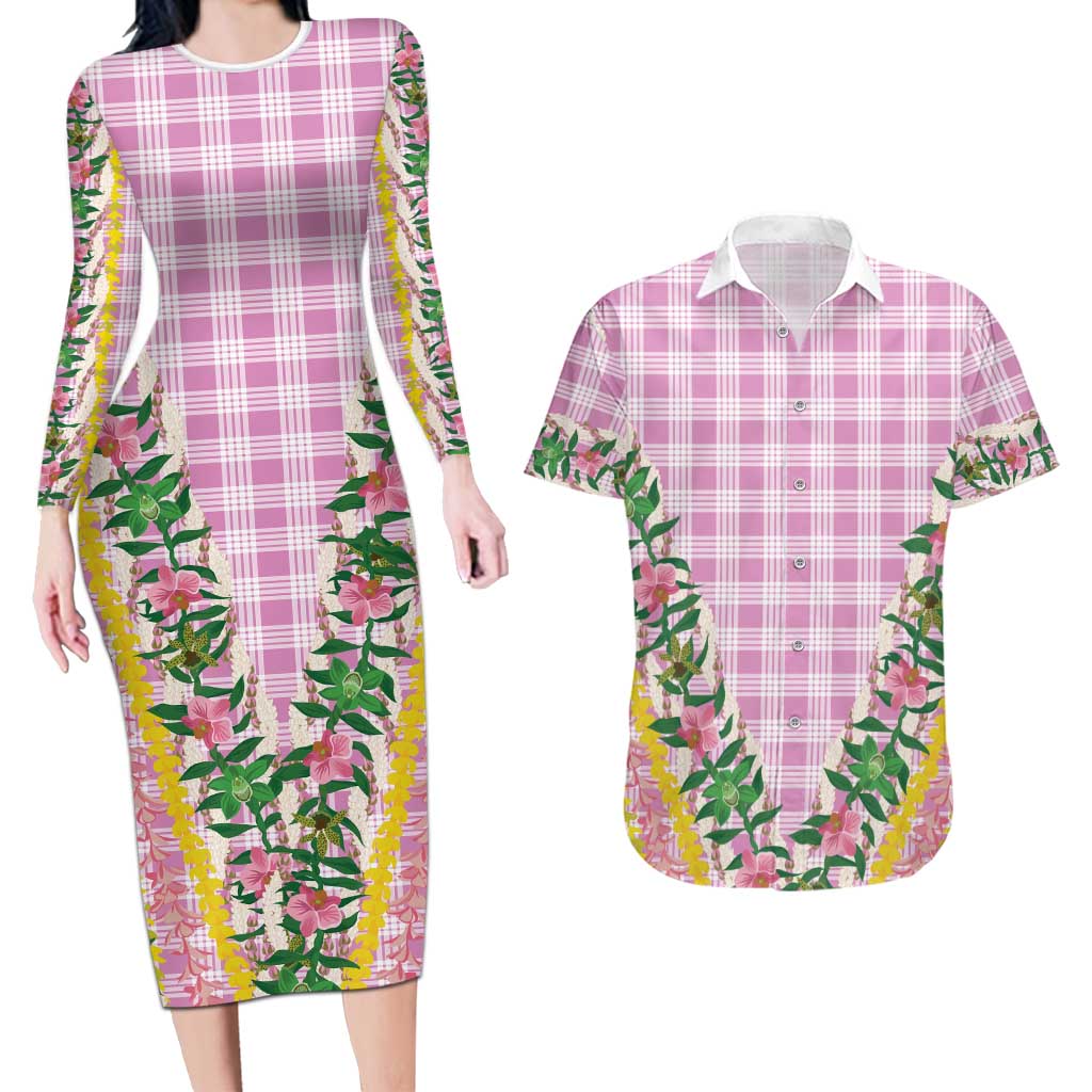 Hawaii Pikake Lokelani Plumeria Lei Couples Matching Long Sleeve Bodycon Dress and Hawaiian Shirt Pink Palaka Motifs