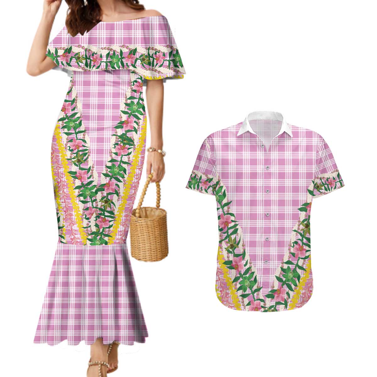 Hawaii Pikake Lokelani Plumeria Lei Couples Matching Mermaid Dress and Hawaiian Shirt Pink Palaka Motifs LT05 Pink - Polynesian Pride