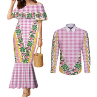 Hawaii Pikake Lokelani Plumeria Lei Couples Matching Mermaid Dress and Long Sleeve Button Shirt Pink Palaka Motifs LT05 Pink - Polynesian Pride