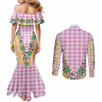 Hawaii Pikake Lokelani Plumeria Lei Couples Matching Mermaid Dress and Long Sleeve Button Shirt Pink Palaka Motifs LT05 - Polynesian Pride