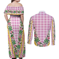 Hawaii Pikake Lokelani Plumeria Lei Couples Matching Off Shoulder Maxi Dress and Long Sleeve Button Shirt Pink Palaka Motifs LT05 - Polynesian Pride