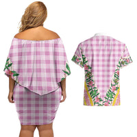 Hawaii Pikake Lokelani Plumeria Lei Couples Matching Off Shoulder Short Dress and Hawaiian Shirt Pink Palaka Motifs LT05 - Polynesian Pride
