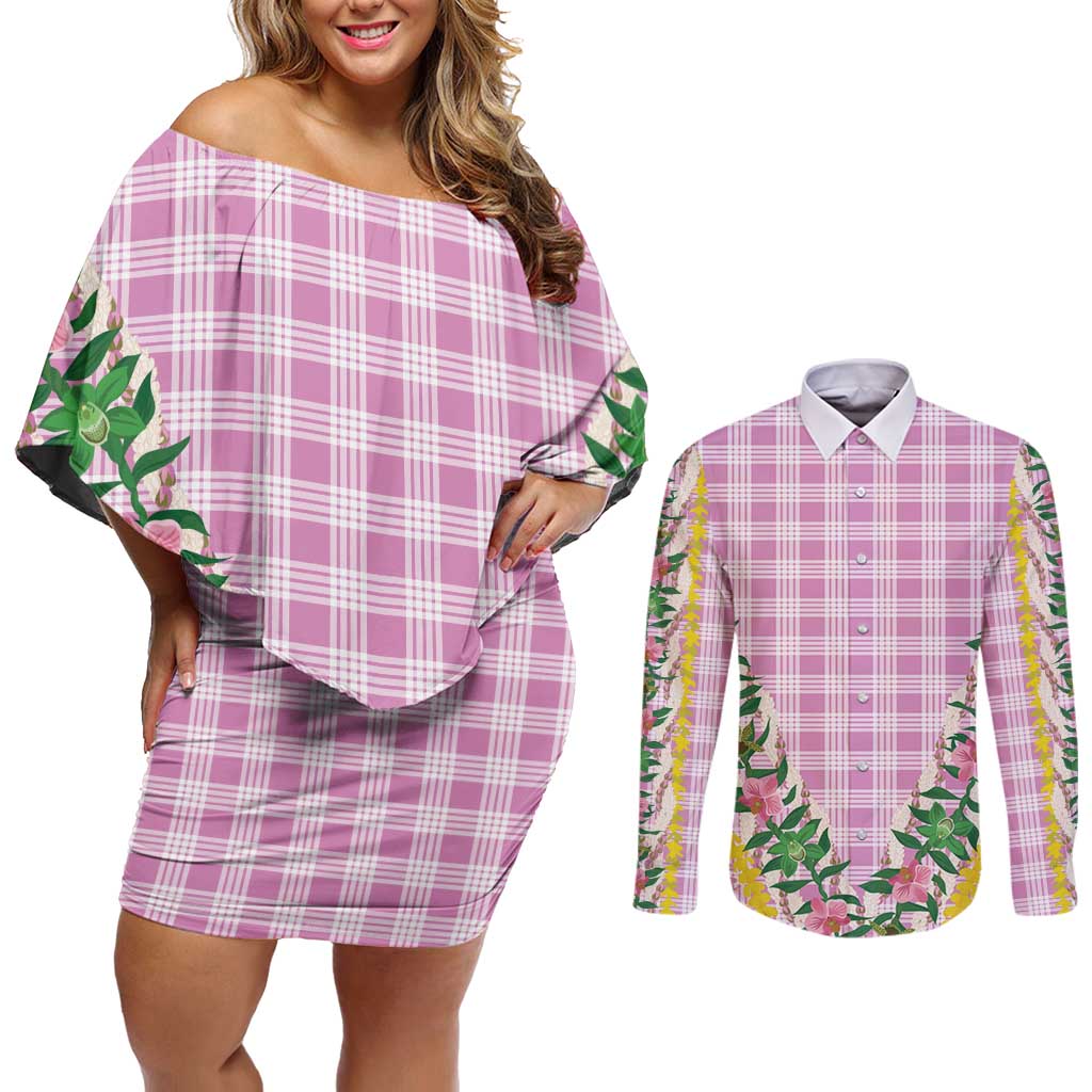 Hawaii Pikake Lokelani Plumeria Lei Couples Matching Off Shoulder Short Dress and Long Sleeve Button Shirt Pink Palaka Motifs
