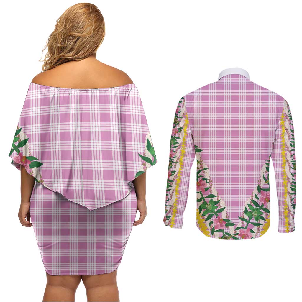 Hawaii Pikake Lokelani Plumeria Lei Couples Matching Off Shoulder Short Dress and Long Sleeve Button Shirt Pink Palaka Motifs LT05 - Polynesian Pride