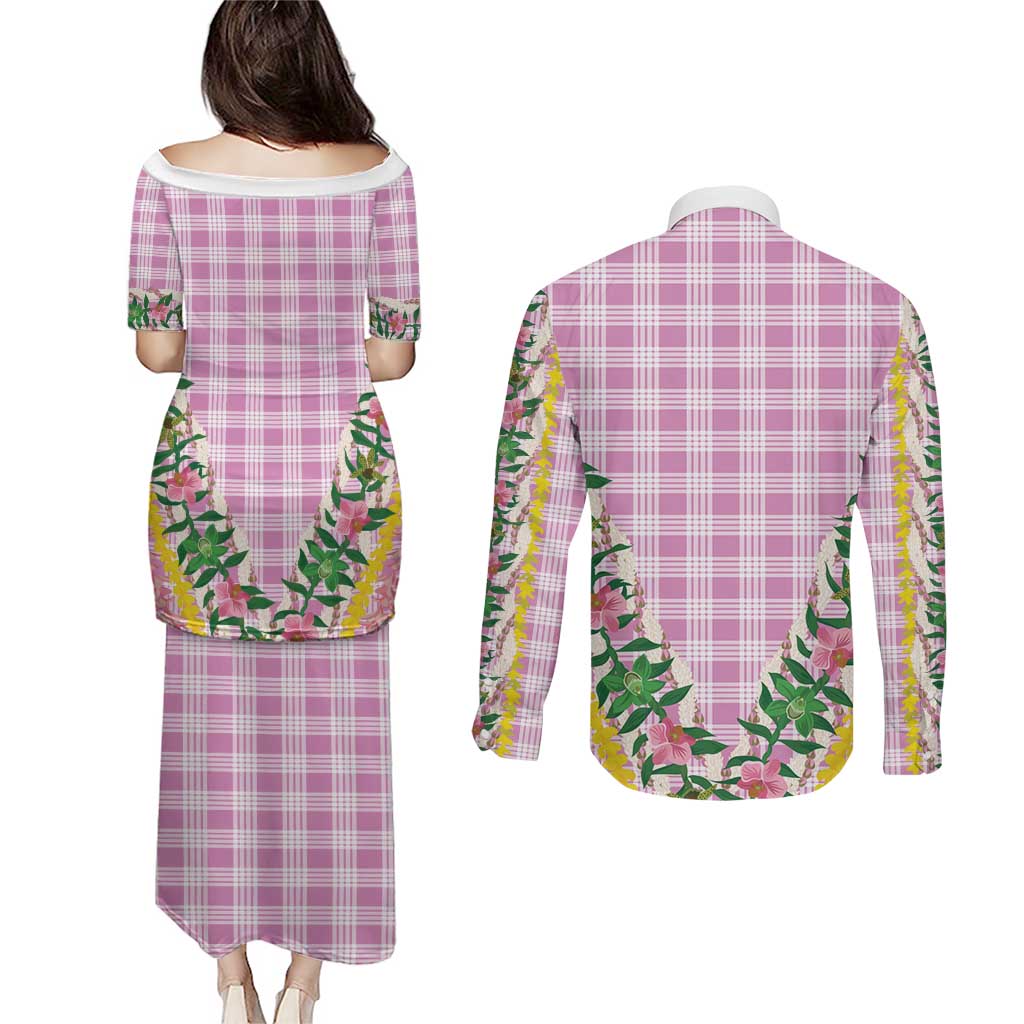 Hawaii Pikake Lokelani Plumeria Lei Couples Matching Puletasi and Long Sleeve Button Shirt Pink Palaka Motifs LT05 - Polynesian Pride