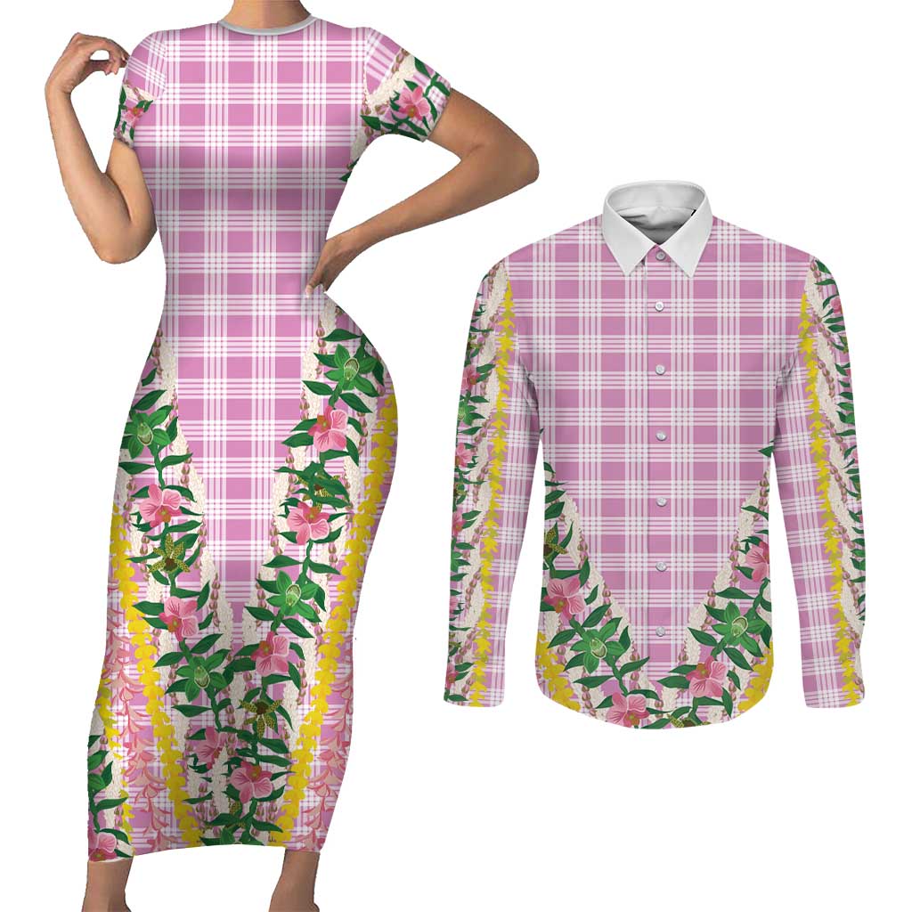 Hawaii Pikake Lokelani Plumeria Lei Couples Matching Short Sleeve Bodycon Dress and Long Sleeve Button Shirt Pink Palaka Motifs LT05 Pink - Polynesian Pride