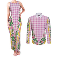 Hawaii Pikake Lokelani Plumeria Lei Couples Matching Tank Maxi Dress and Long Sleeve Button Shirt Pink Palaka Motifs LT05 Pink - Polynesian Pride