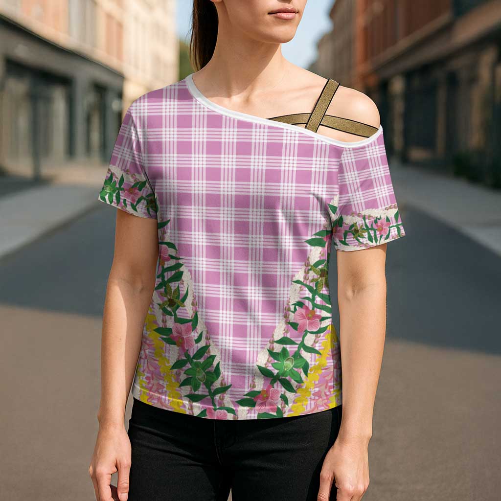 Hawaii Pikake Lokelani Plumeria Lei Cross Shoulder Shirt Pink Palaka Motifs LT05 - Polynesian Pride