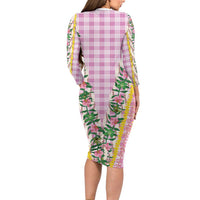 Hawaii Pikake Lokelani Plumeria Lei Family Matching Long Sleeve Bodycon Dress and Hawaiian Shirt Pink Palaka Motifs LT05 - Polynesian Pride