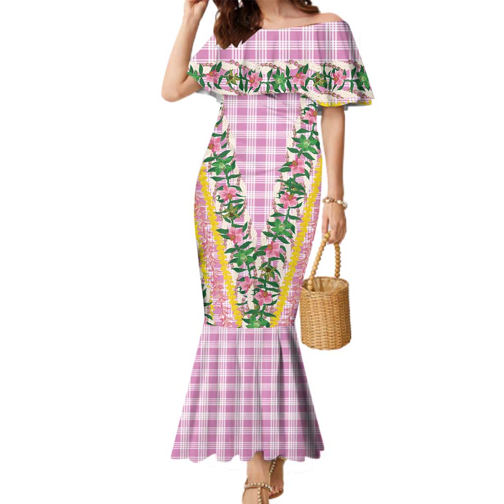 Hawaii Pikake Lokelani Plumeria Lei Family Matching Mermaid Dress and Hawaiian Shirt Pink Palaka Motifs LT05 Mom's Dress Pink - Polynesian Pride