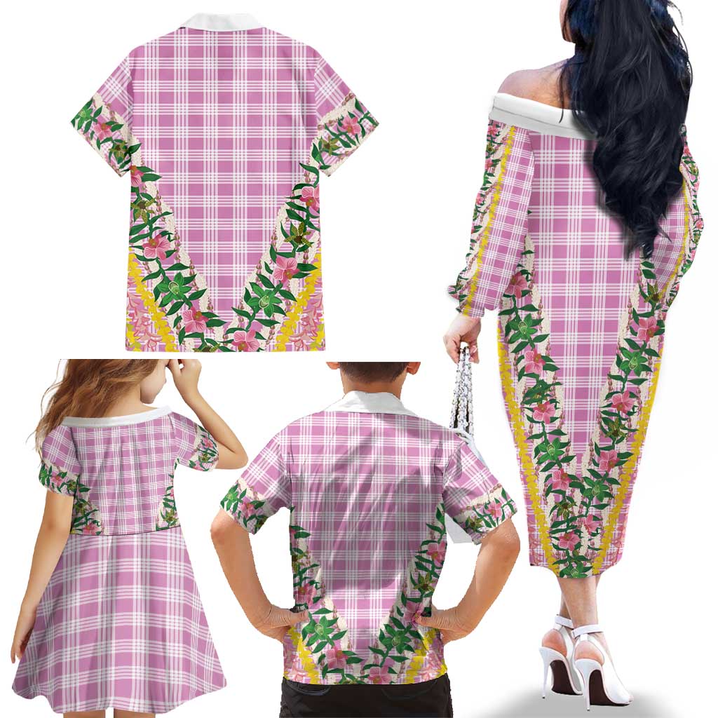 Hawaii Pikake Lokelani Plumeria Lei Family Matching Off The Shoulder Long Sleeve Dress and Hawaiian Shirt Pink Palaka Motifs LT05 - Polynesian Pride