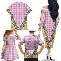Hawaii Pikake Lokelani Plumeria Lei Family Matching Off The Shoulder Long Sleeve Dress and Hawaiian Shirt Pink Palaka Motifs LT05 - Polynesian Pride