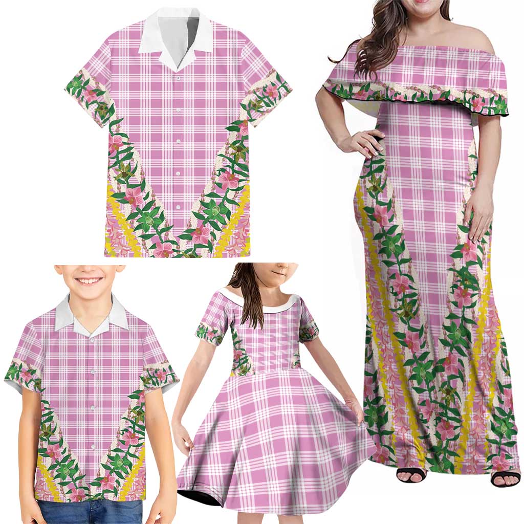Hawaii Pikake Lokelani Plumeria Lei Family Matching Off Shoulder Maxi Dress and Hawaiian Shirt Pink Palaka Motifs