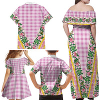 Hawaii Pikake Lokelani Plumeria Lei Family Matching Off Shoulder Maxi Dress and Hawaiian Shirt Pink Palaka Motifs LT05 - Polynesian Pride