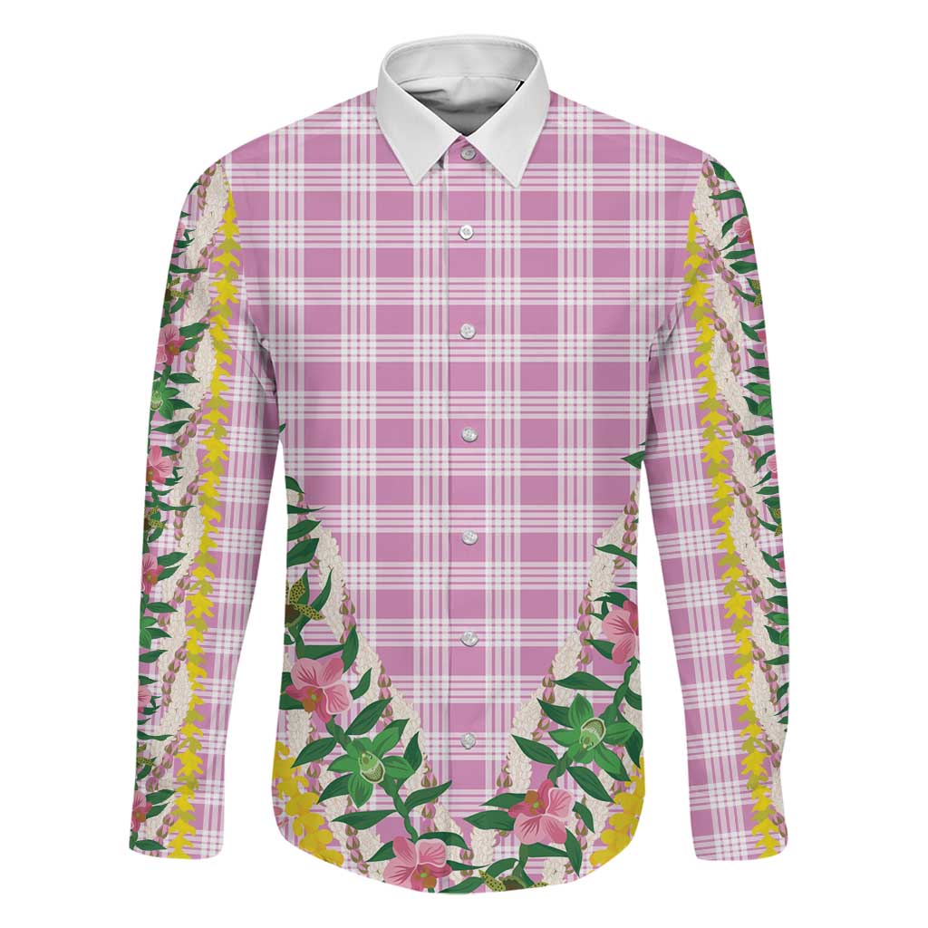 Hawaii Pikake Lokelani Plumeria Lei Family Matching Off Shoulder Short Dress and Hawaiian Shirt Pink Palaka Motifs LT05 Dad's Shirt - Long Sleeve Pink - Polynesian Pride