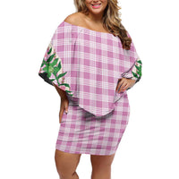 Hawaii Pikake Lokelani Plumeria Lei Family Matching Off Shoulder Short Dress and Hawaiian Shirt Pink Palaka Motifs LT05 Mom's Dress Pink - Polynesian Pride