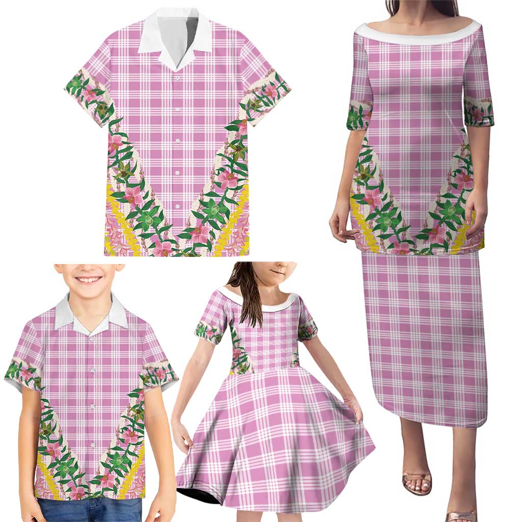 Hawaii Pikake Lokelani Plumeria Lei Family Matching Puletasi and Hawaiian Shirt Pink Palaka Motifs LT05 - Polynesian Pride