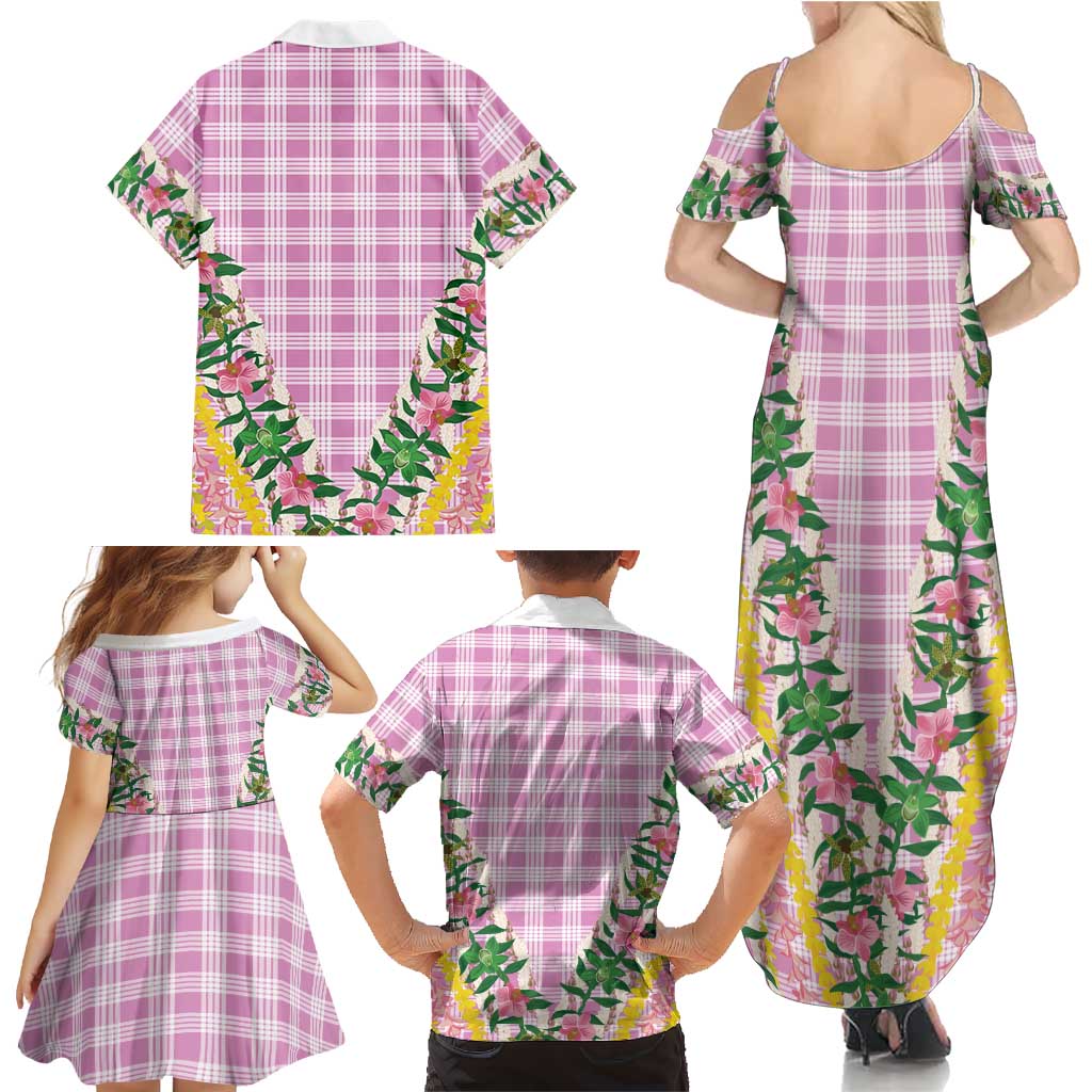 Hawaii Pikake Lokelani Plumeria Lei Family Matching Summer Maxi Dress and Hawaiian Shirt Pink Palaka Motifs LT05 - Polynesian Pride