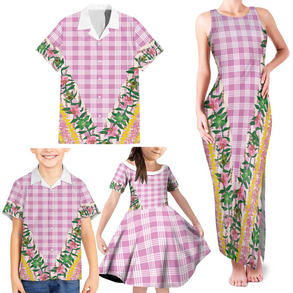 Hawaii Pikake Lokelani Plumeria Lei Family Matching Tank Maxi Dress and Hawaiian Shirt Pink Palaka Motifs LT05 - Polynesian Pride