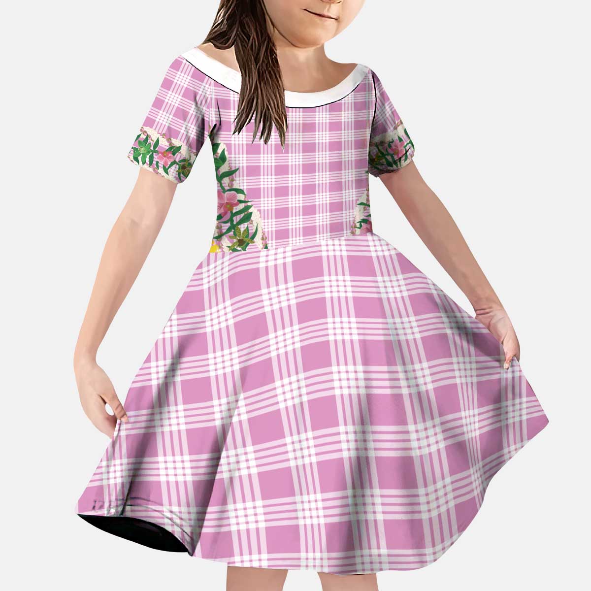 Hawaii Pikake Lokelani Plumeria Lei Kid Short Sleeve Dress Pink Palaka Motifs