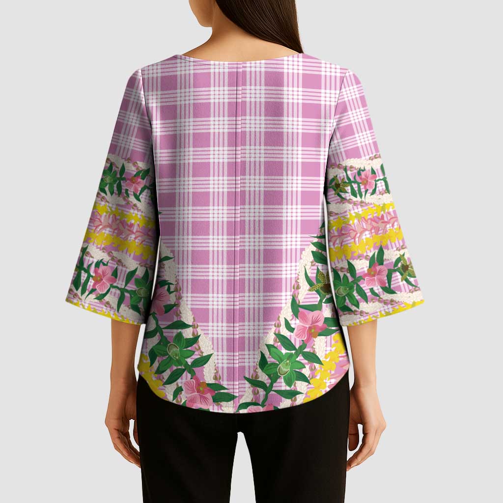 Hawaii Pikake Lokelani Plumeria Lei Kimono Sleeve Blouse Pink Palaka Motifs