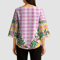 Hawaii Pikake Lokelani Plumeria Lei Kimono Sleeve Blouse Pink Palaka Motifs