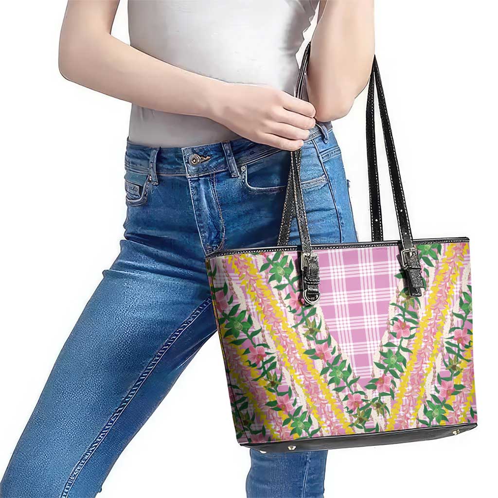Hawaii Pikake Lokelani Plumeria Lei Leather Tote Bag Pink Palaka Motifs