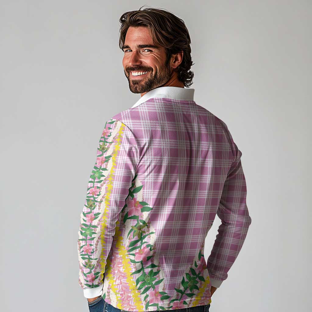 Hawaii Pikake Lokelani Plumeria Lei Long Sleeve Polo Shirt Pink Palaka Motifs LT05 - Polynesian Pride