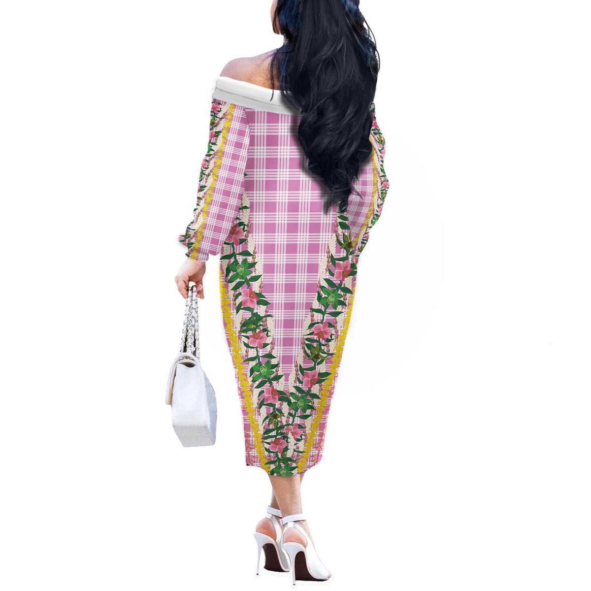 Hawaii Pikake Lokelani Plumeria Lei Off The Shoulder Long Sleeve Dress Pink Palaka Motifs LT05 - Polynesian Pride