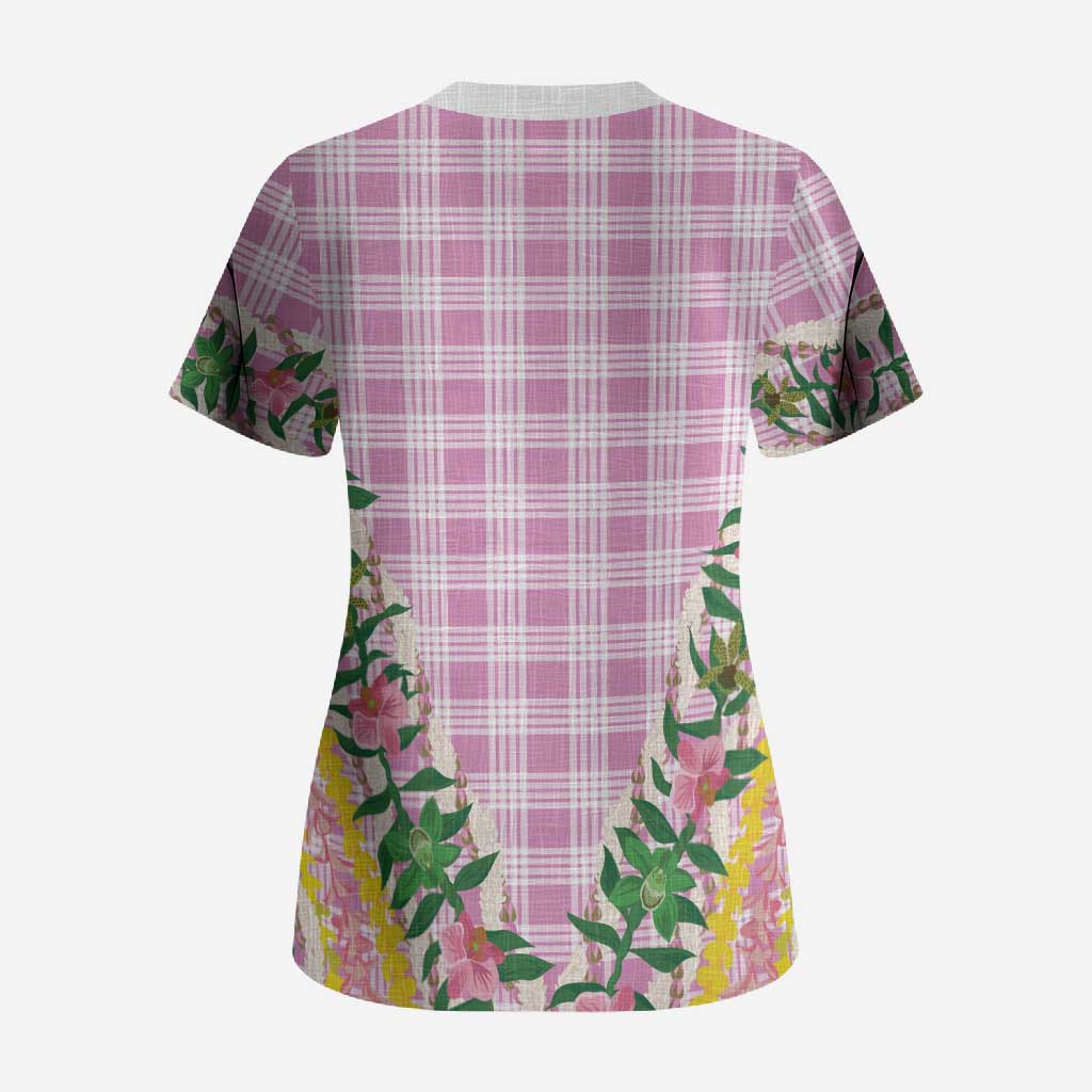 Hawaii Pikake Lokelani Plumeria Lei Scrub Top Pink Palaka Motifs