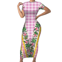 Hawaii Pikake Lokelani Plumeria Lei Short Sleeve Bodycon Dress Pink Palaka Motifs LT05 Long Dress Pink - Polynesian Pride