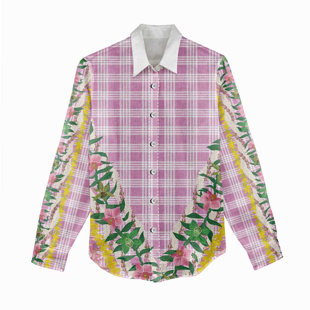 Hawaii Pikake Lokelani Plumeria Lei Women Casual Shirt Pink Palaka Motifs LT05 - Polynesian Pride