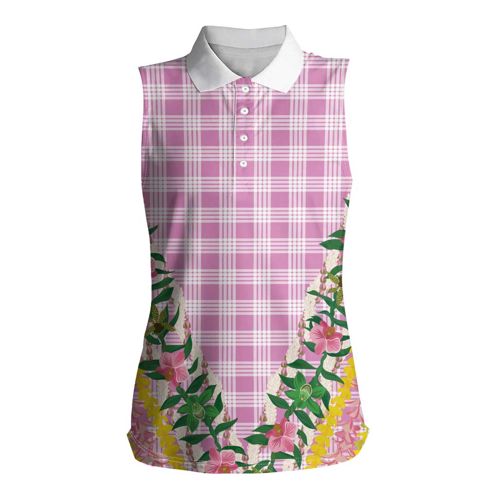 Hawaii Pikake Lokelani Plumeria Lei Women Sleeveless Polo Shirt Pink Palaka Motifs