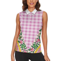 Hawaii Pikake Lokelani Plumeria Lei Women Sleeveless Polo Shirt Pink Palaka Motifs LT05 - Polynesian Pride