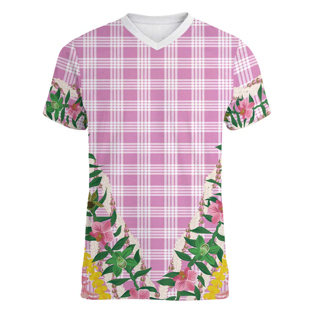 Hawaii Pikake Lokelani Plumeria Lei Women V-Neck T-Shirt Pink Palaka Motifs LT05 Female Pink - Polynesian Pride