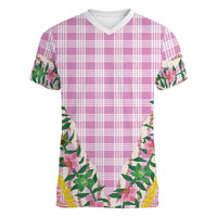 Hawaii Pikake Lokelani Plumeria Lei Women V-Neck T-Shirt Pink Palaka Motifs LT05 Female Pink - Polynesian Pride