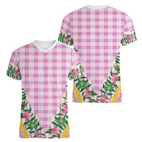 Hawaii Pikake Lokelani Plumeria Lei Women V-Neck T-Shirt Pink Palaka Motifs LT05 - Polynesian Pride