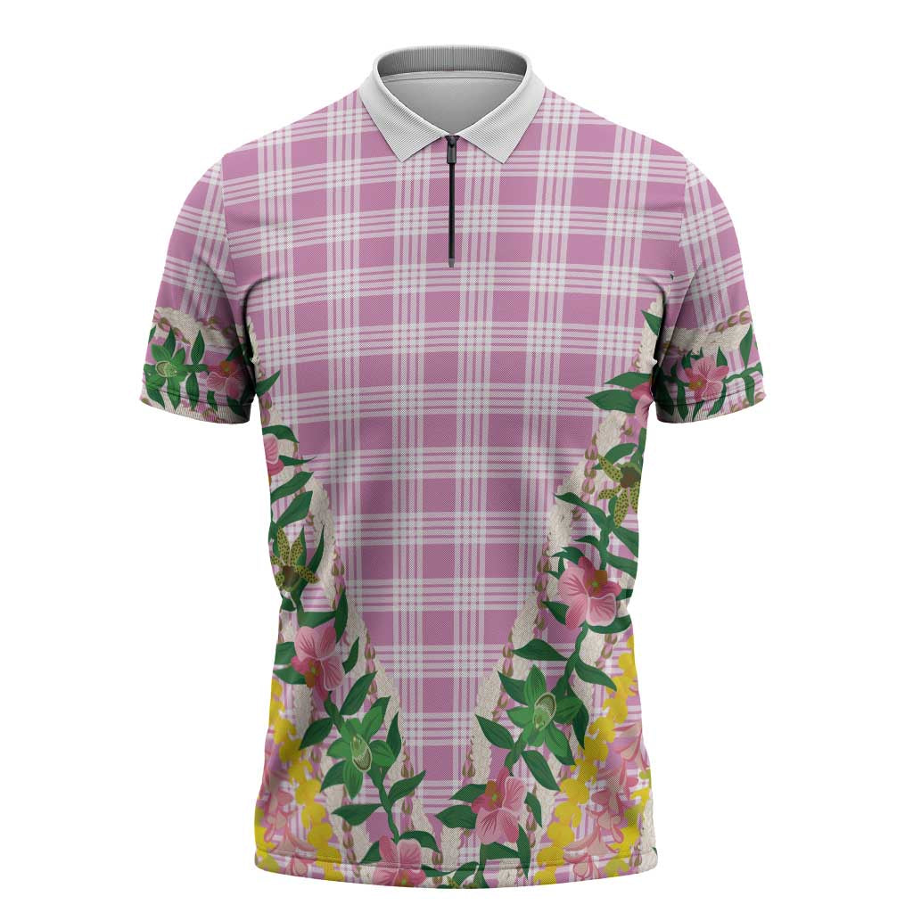 Hawaii Pikake Lokelani Plumeria Lei Zipper Polo Shirt Pink Palaka Motifs LT05 Pink - Polynesian Pride
