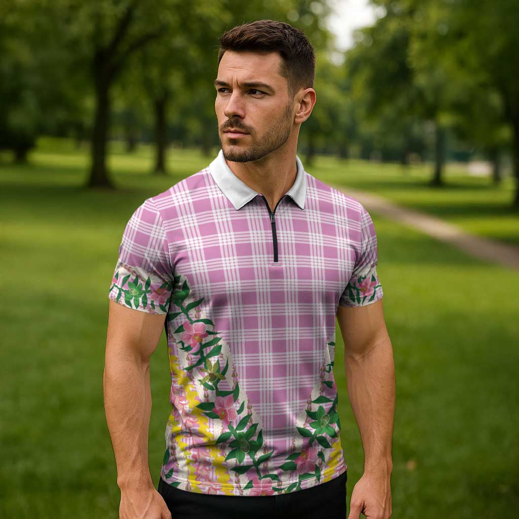 Hawaii Pikake Lokelani Plumeria Lei Zipper Polo Shirt Pink Palaka Motifs LT05 - Polynesian Pride
