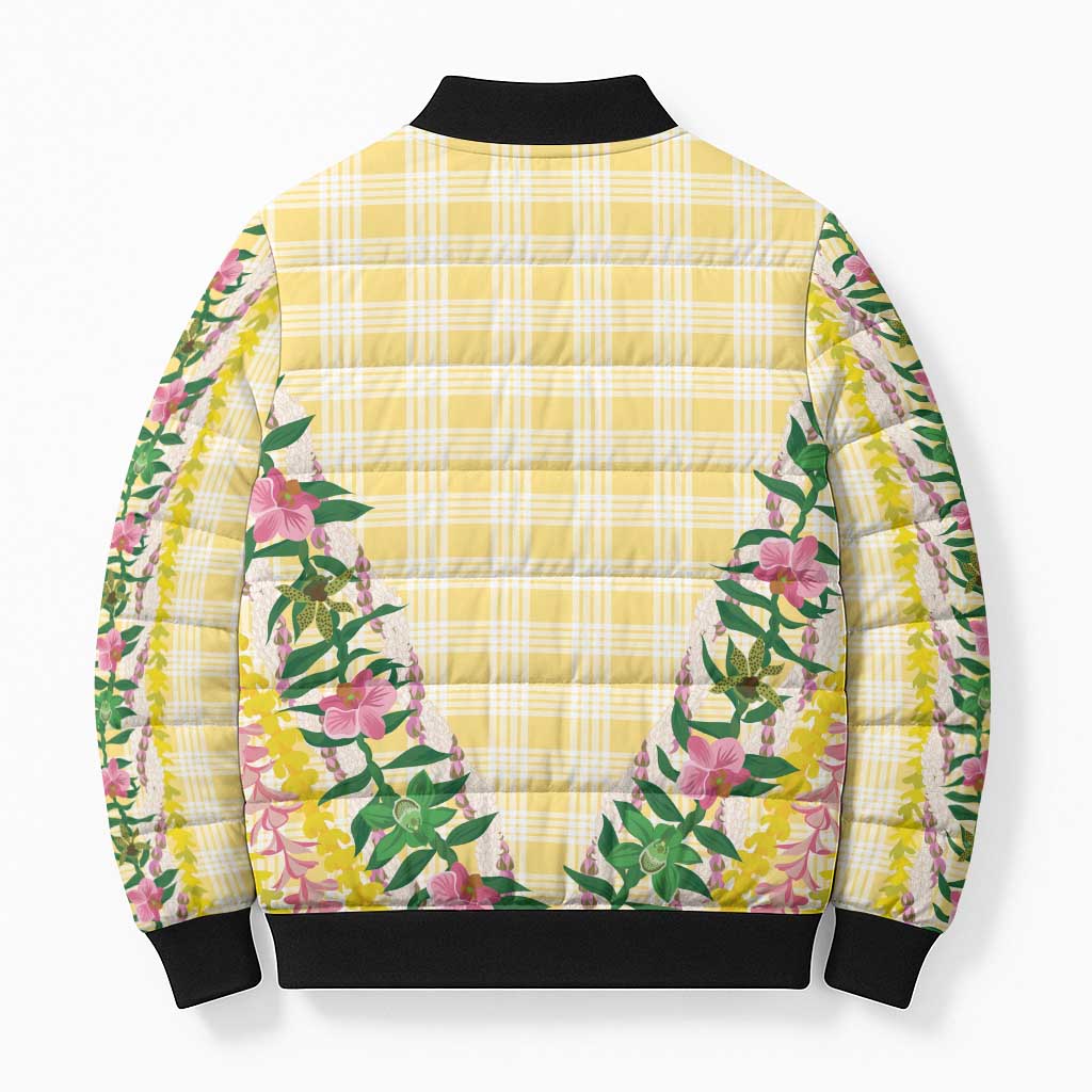 Hawaii Pikake Lokelani Plumeria Lei Bomber Puffer Jacket Yellow Palaka Motifs