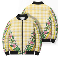 Hawaii Pikake Lokelani Plumeria Lei Bomber Puffer Jacket Yellow Palaka Motifs