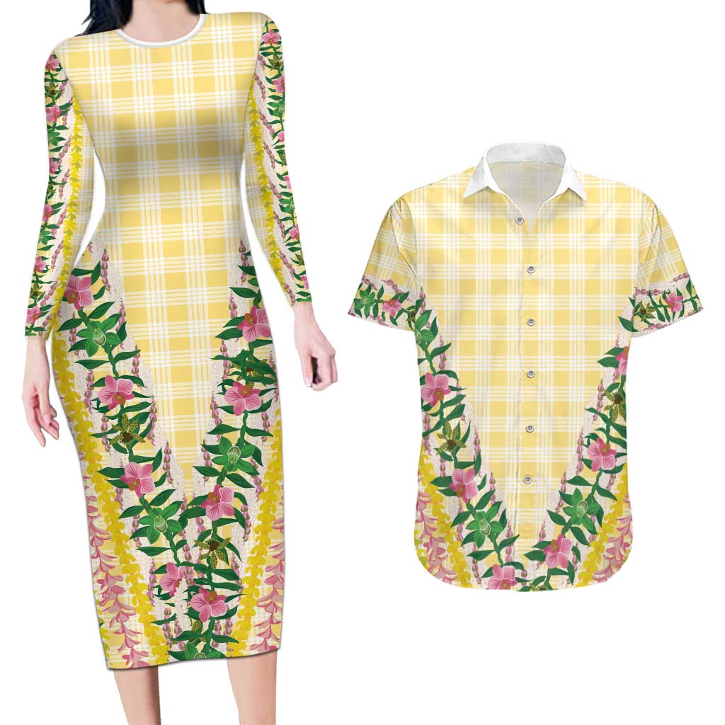 Hawaii Pikake Lokelani Plumeria Lei Couples Matching Long Sleeve Bodycon Dress and Hawaiian Shirt Yellow Palaka Motifs LT05 Yellow - Polynesian Pride