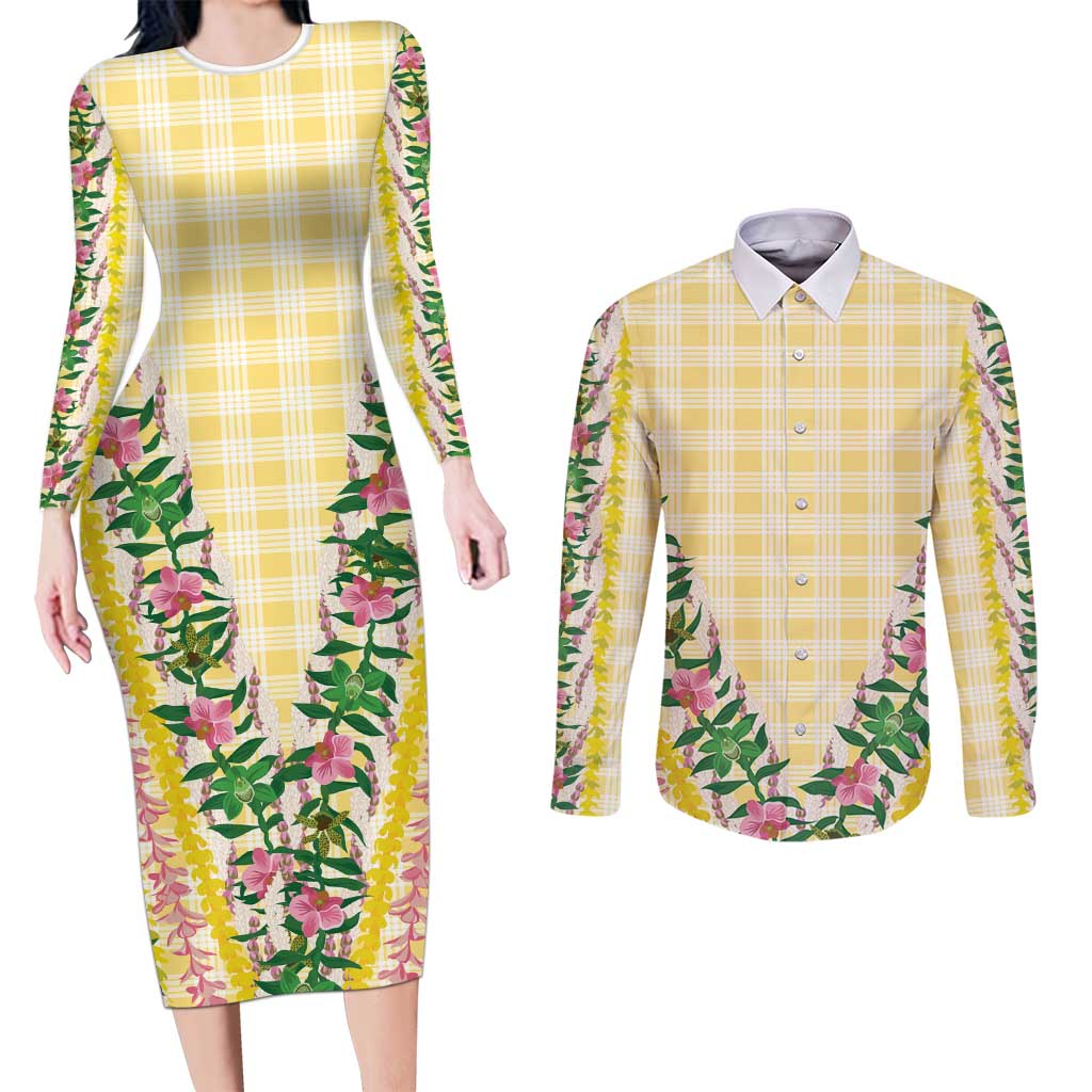 Hawaii Pikake Lokelani Plumeria Lei Couples Matching Long Sleeve Bodycon Dress and Long Sleeve Button Shirt Yellow Palaka Motifs LT05 Yellow - Polynesian Pride