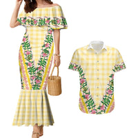 Hawaii Pikake Lokelani Plumeria Lei Couples Matching Mermaid Dress and Hawaiian Shirt Yellow Palaka Motifs LT05 Yellow - Polynesian Pride