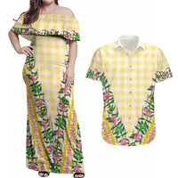 Hawaii Pikake Lokelani Plumeria Lei Couples Matching Off Shoulder Maxi Dress and Hawaiian Shirt Yellow Palaka Motifs LT05 Yellow - Polynesian Pride